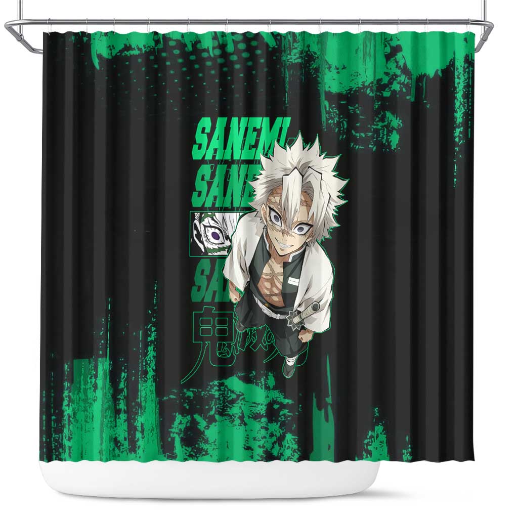 Sanemi Shinazugawa Demon Slayer Green and Black Grunge Shower Curtain Design with Intense Eyes and Wind Hashira Theme - The Mazicc