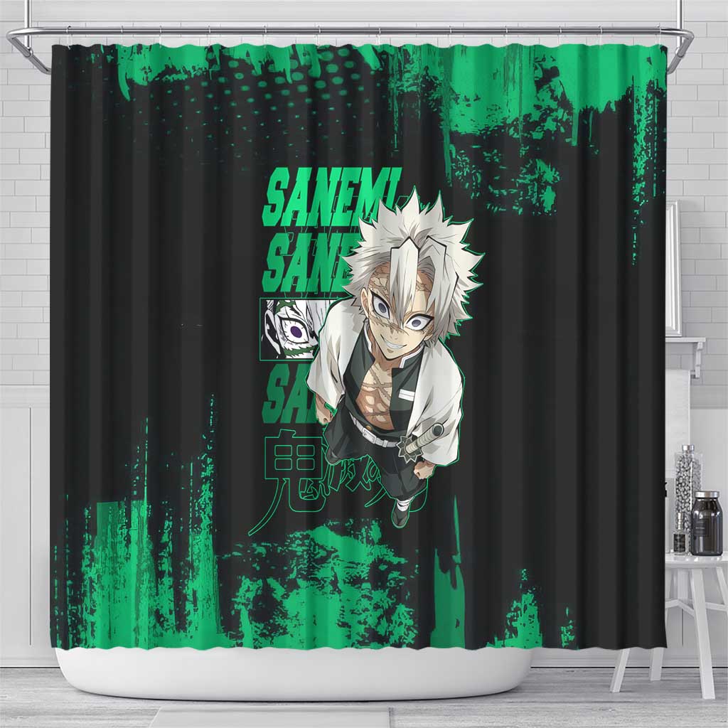 Sanemi Shinazugawa Demon Slayer Green and Black Grunge Shower Curtain Design with Intense Eyes and Wind Hashira Theme - The Mazicc