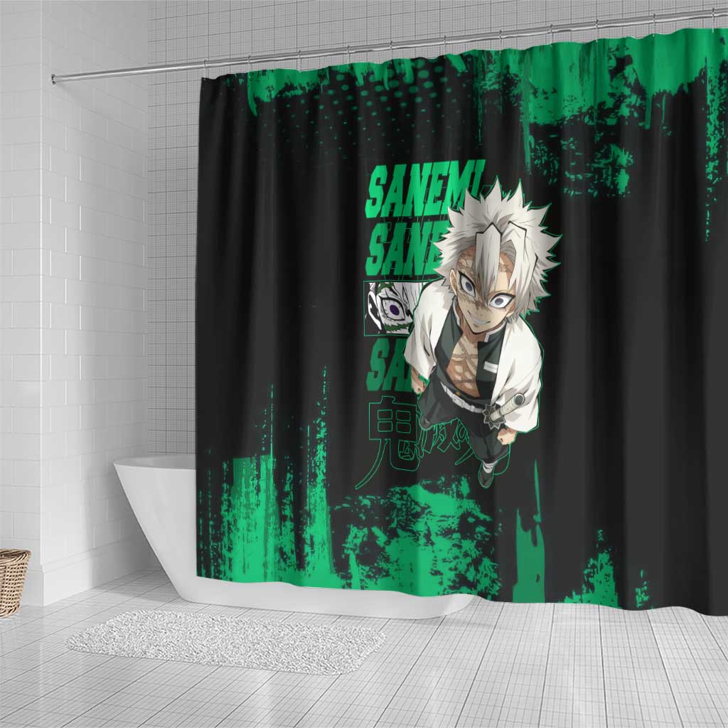 Sanemi Shinazugawa Demon Slayer Green and Black Grunge Shower Curtain Design with Intense Eyes and Wind Hashira Theme - The Mazicc