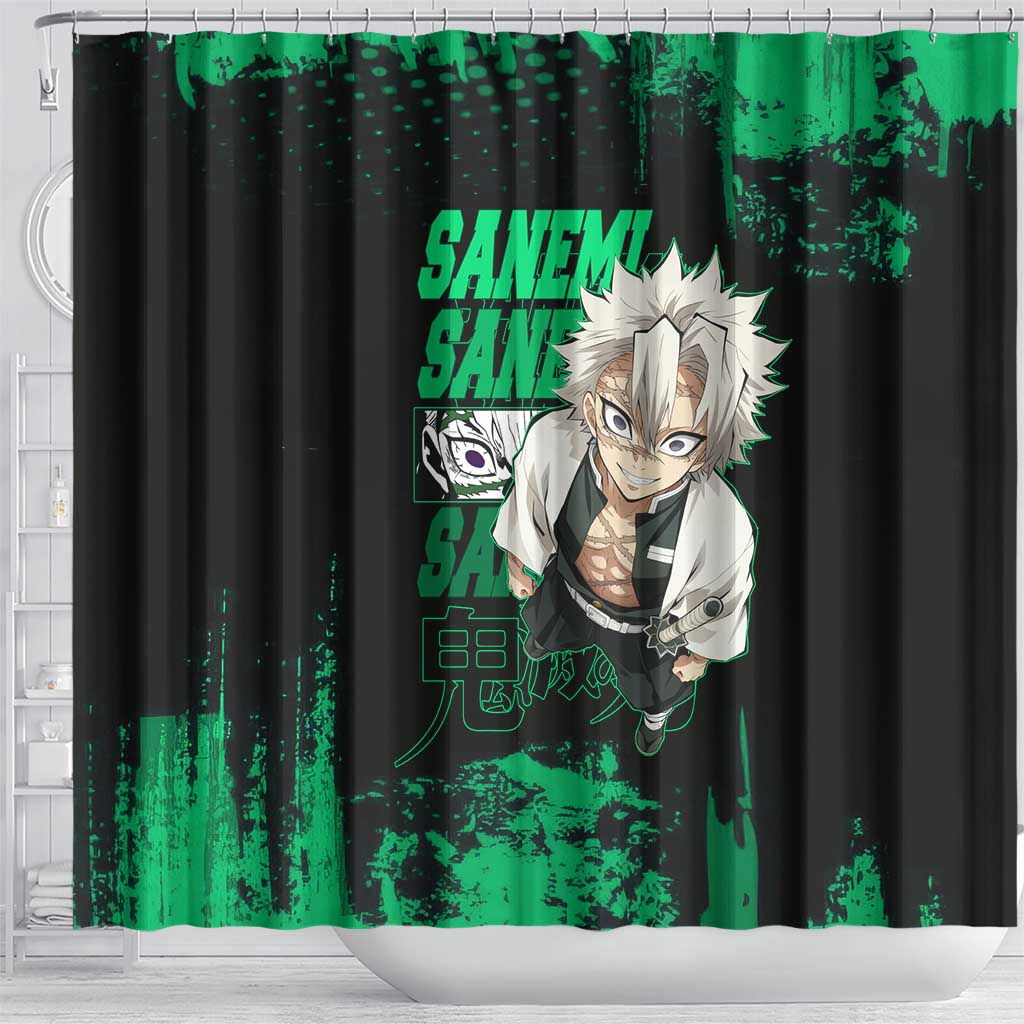 Sanemi Shinazugawa Demon Slayer Green and Black Grunge Shower Curtain Design with Intense Eyes and Wind Hashira Theme - The Mazicc