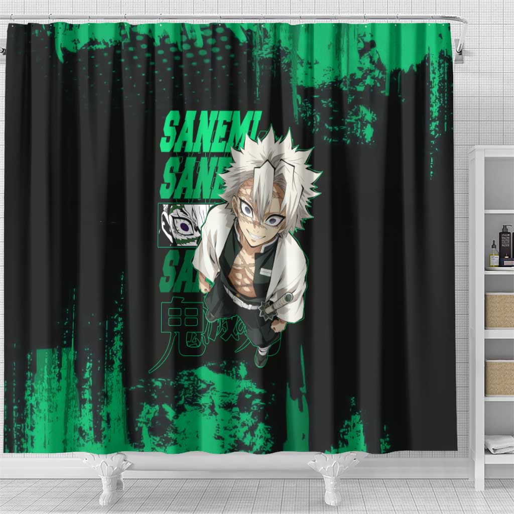 Sanemi Shinazugawa Demon Slayer Green and Black Grunge Shower Curtain Design with Intense Eyes and Wind Hashira Theme - The Mazicc