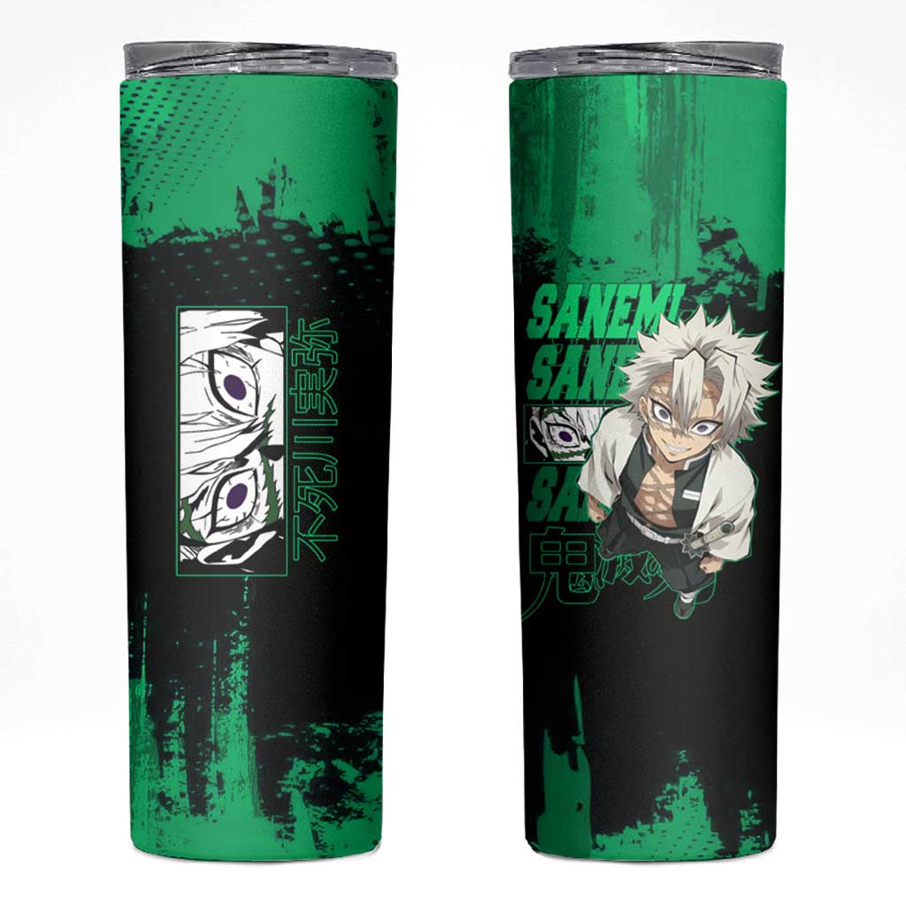 Sanemi Shinazugawa Demon Slayer Green and Black Grunge Skinny Tumbler Design with Intense Eyes and Wind Hashira Theme - The Mazicc