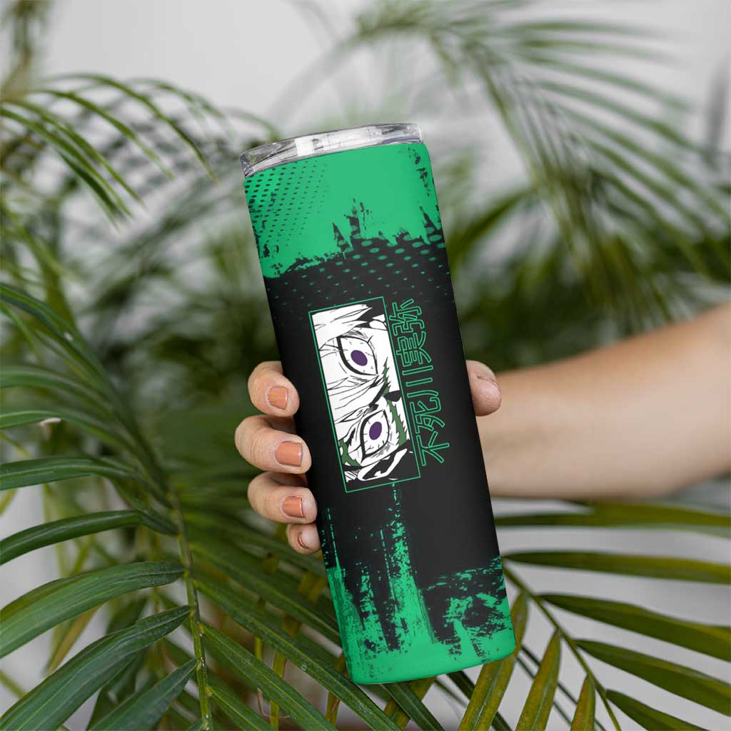 Sanemi Shinazugawa Demon Slayer Green and Black Grunge Skinny Tumbler Design with Intense Eyes and Wind Hashira Theme - The Mazicc