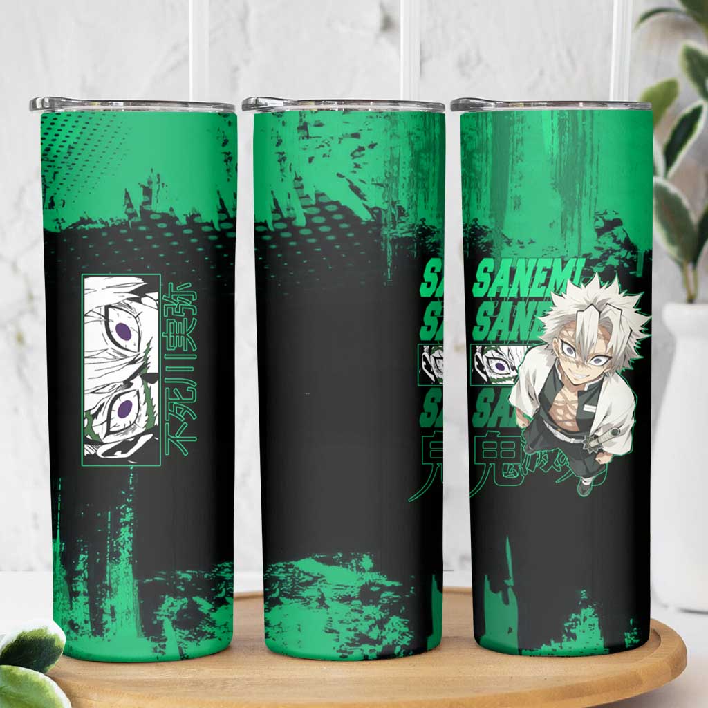 Sanemi Shinazugawa Demon Slayer Green and Black Grunge Skinny Tumbler Design with Intense Eyes and Wind Hashira Theme - The Mazicc