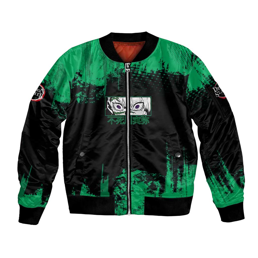 Sanemi Shinazugawa Demon Slayer Green and Black Grunge Sleeve Zip Bomber Jacket Design with Intense Eyes and Wind Hashira Theme - The Mazicc