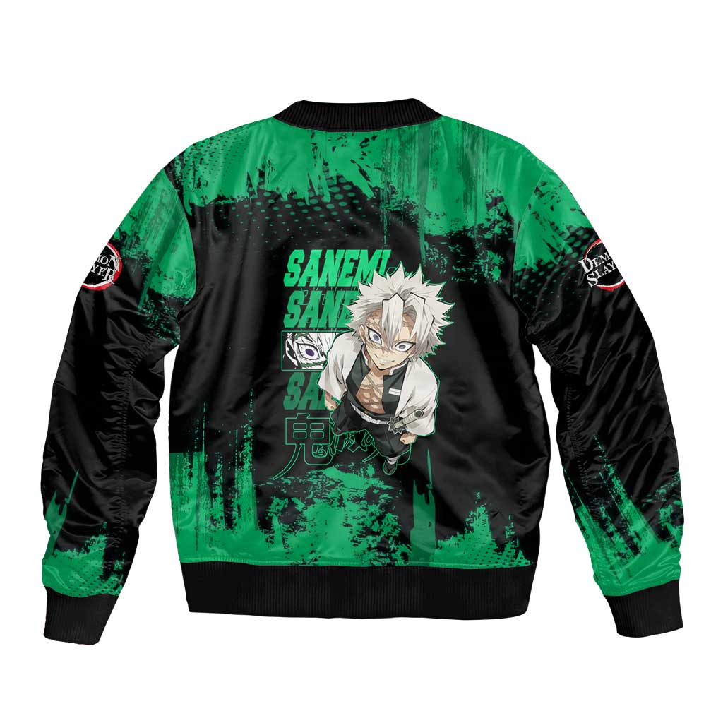 Sanemi Shinazugawa Demon Slayer Green and Black Grunge Sleeve Zip Bomber Jacket Design with Intense Eyes and Wind Hashira Theme - The Mazicc