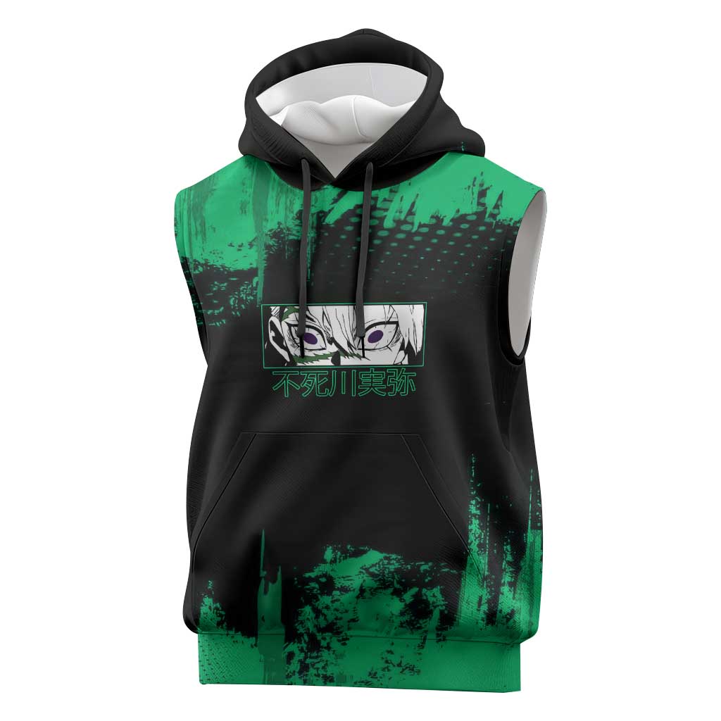 Sanemi Shinazugawa Demon Slayer Green and Black Grunge Sleeveless Hoodie Design with Intense Eyes and Wind Hashira Theme - The Mazicc