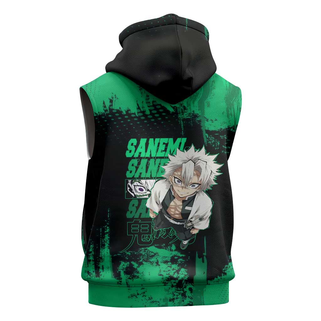 Sanemi Shinazugawa Demon Slayer Green and Black Grunge Sleeveless Hoodie Design with Intense Eyes and Wind Hashira Theme - The Mazicc