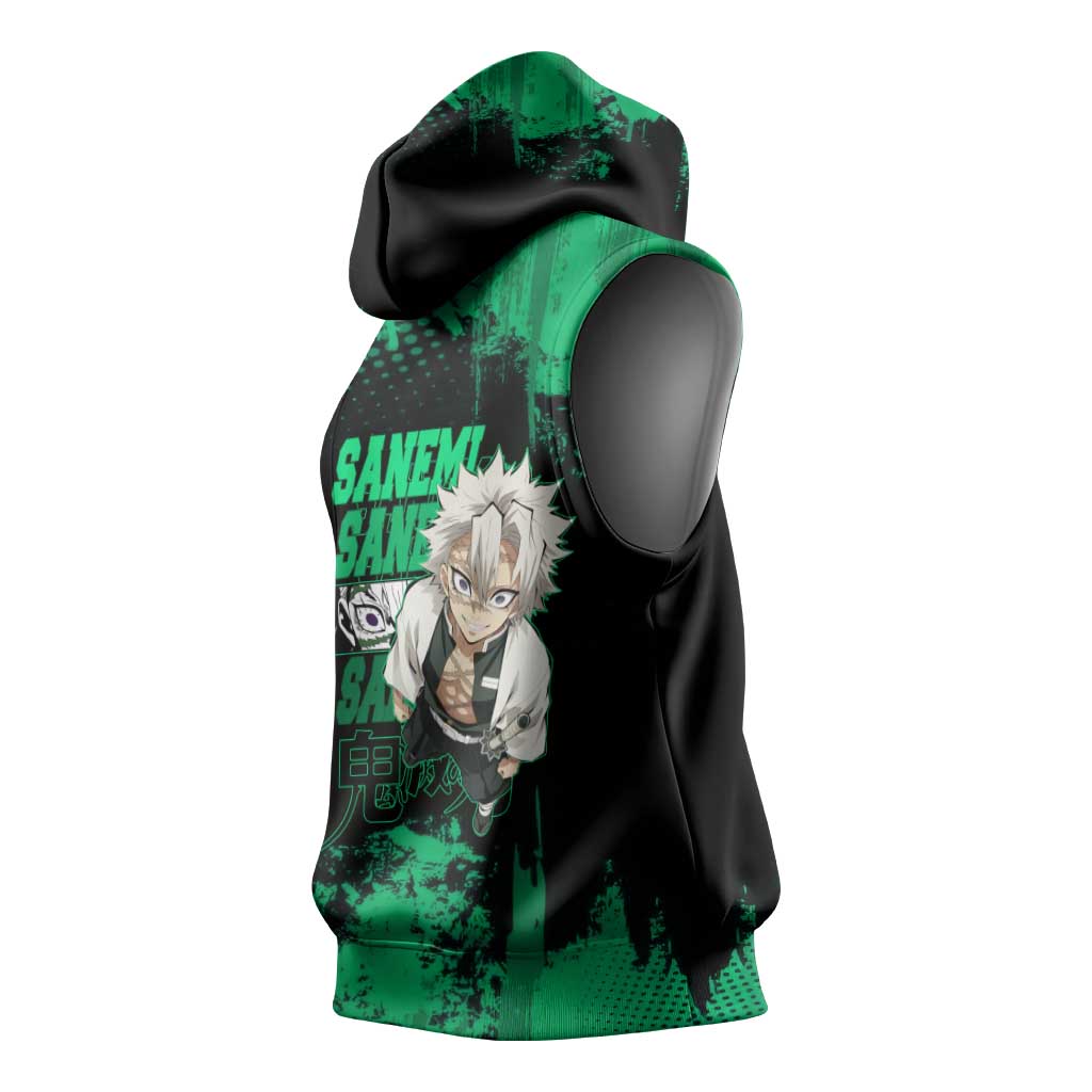 Sanemi Shinazugawa Demon Slayer Green and Black Grunge Sleeveless Hoodie Design with Intense Eyes and Wind Hashira Theme - The Mazicc