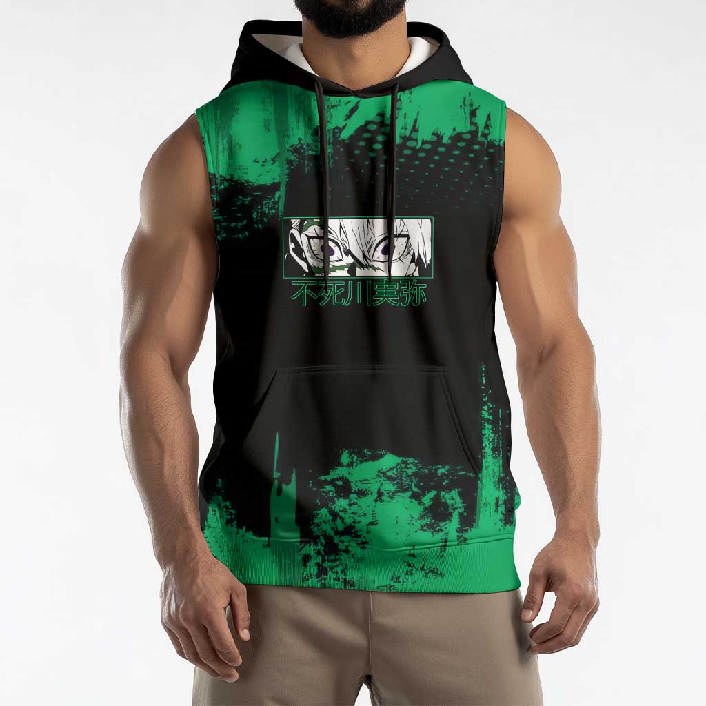 Sanemi Shinazugawa Demon Slayer Green and Black Grunge Sleeveless Hoodie Design with Intense Eyes and Wind Hashira Theme - The Mazicc