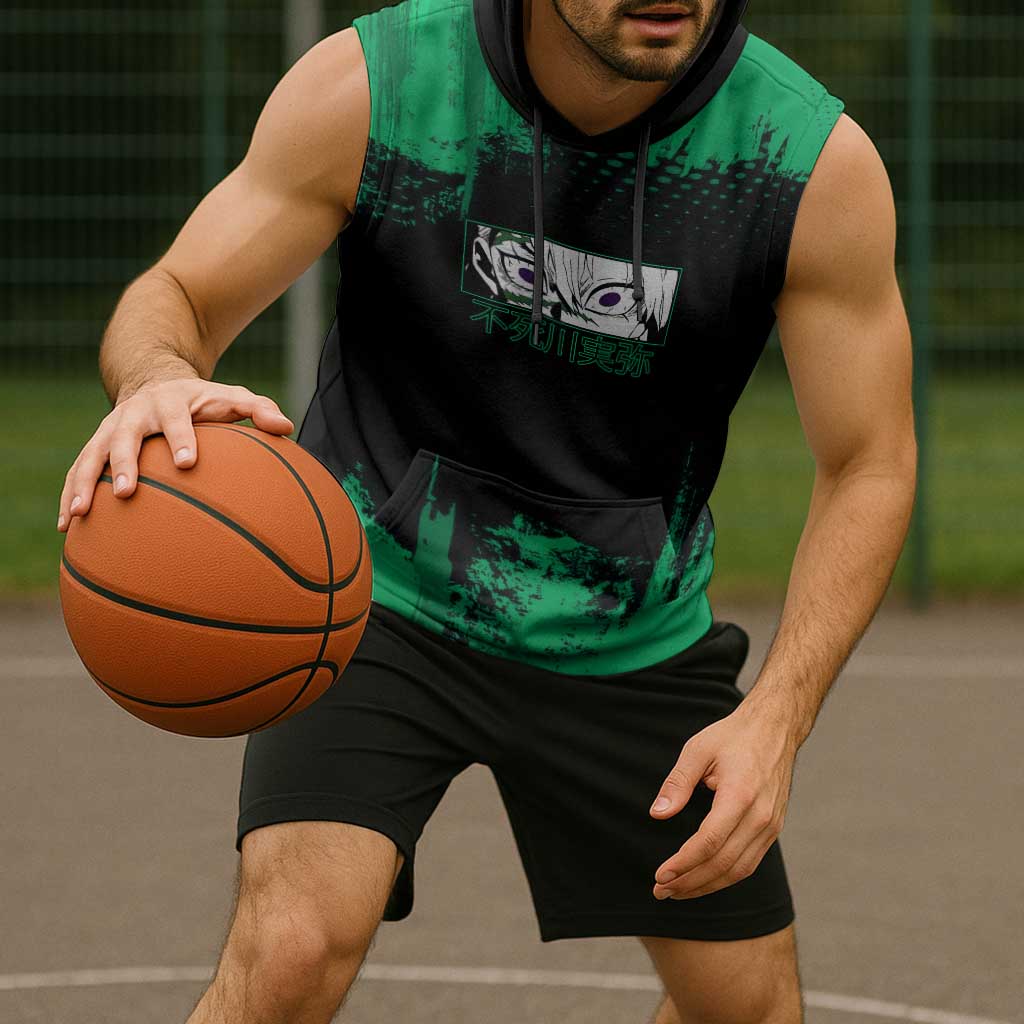 Sanemi Shinazugawa Demon Slayer Green and Black Grunge Sleeveless Hoodie Design with Intense Eyes and Wind Hashira Theme - The Mazicc