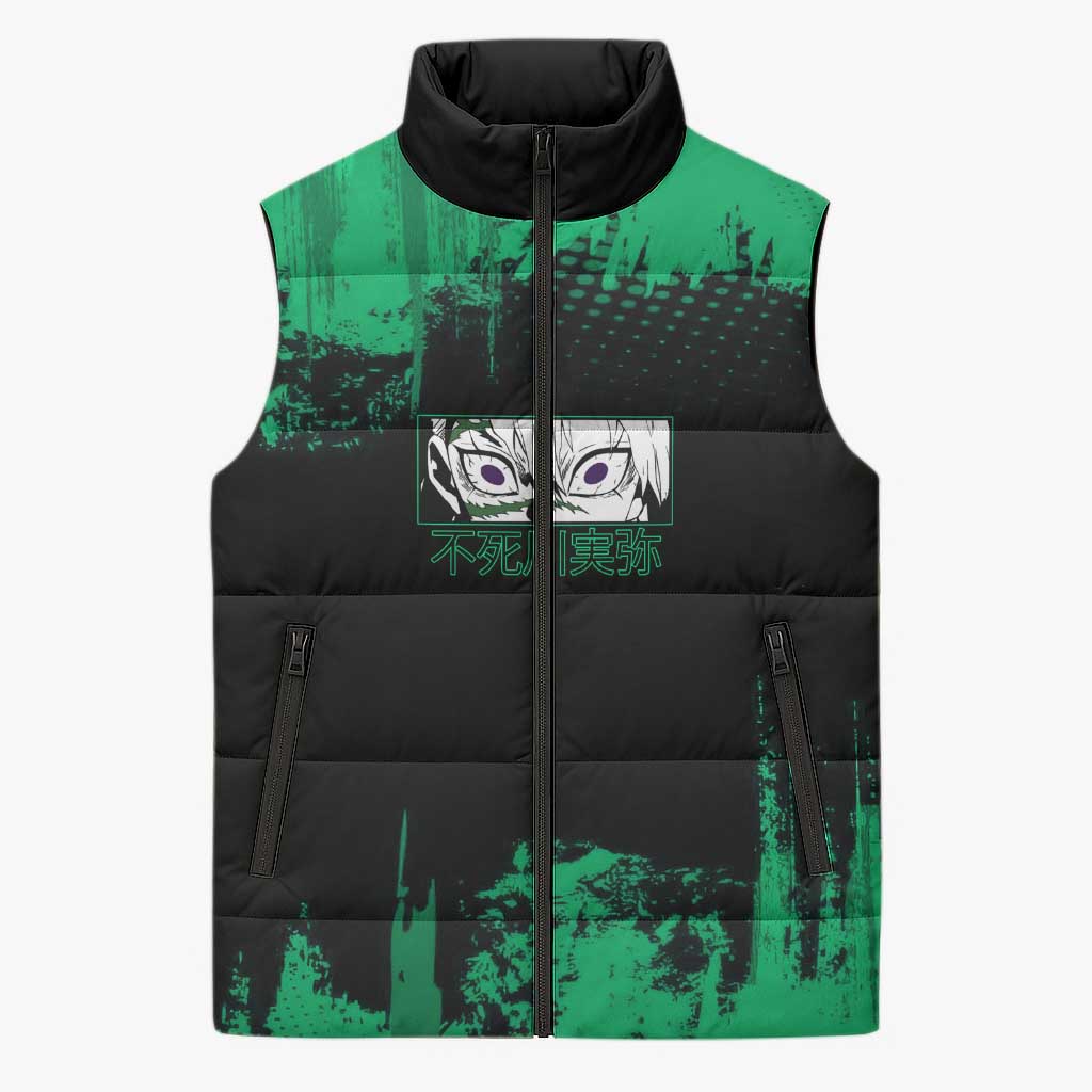 Sanemi Shinazugawa Demon Slayer Green and Black Grunge Sleeveless Puffer Jacket Design with Intense Eyes and Wind Hashira Theme - The Mazicc
