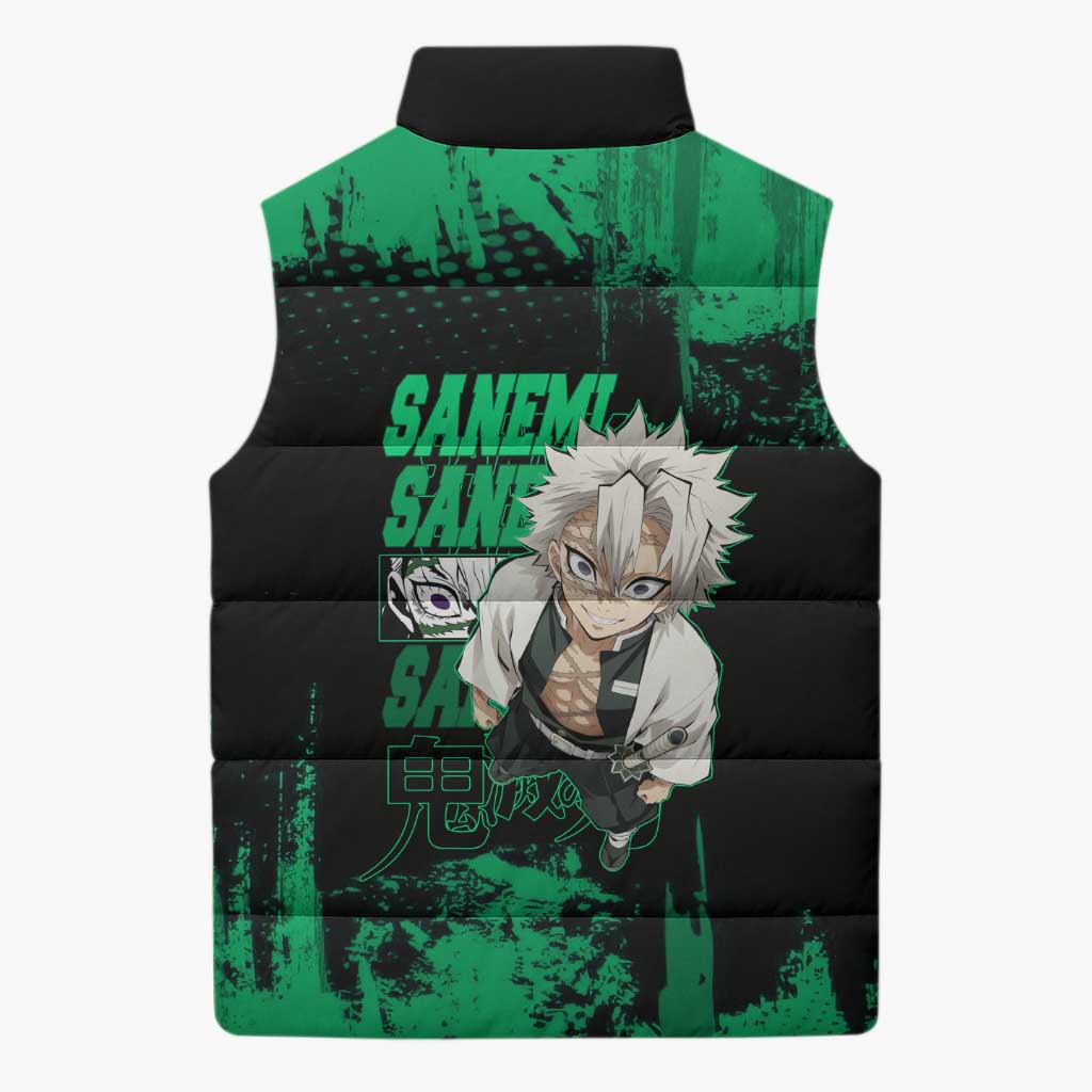Sanemi Shinazugawa Demon Slayer Green and Black Grunge Sleeveless Puffer Jacket Design with Intense Eyes and Wind Hashira Theme - The Mazicc