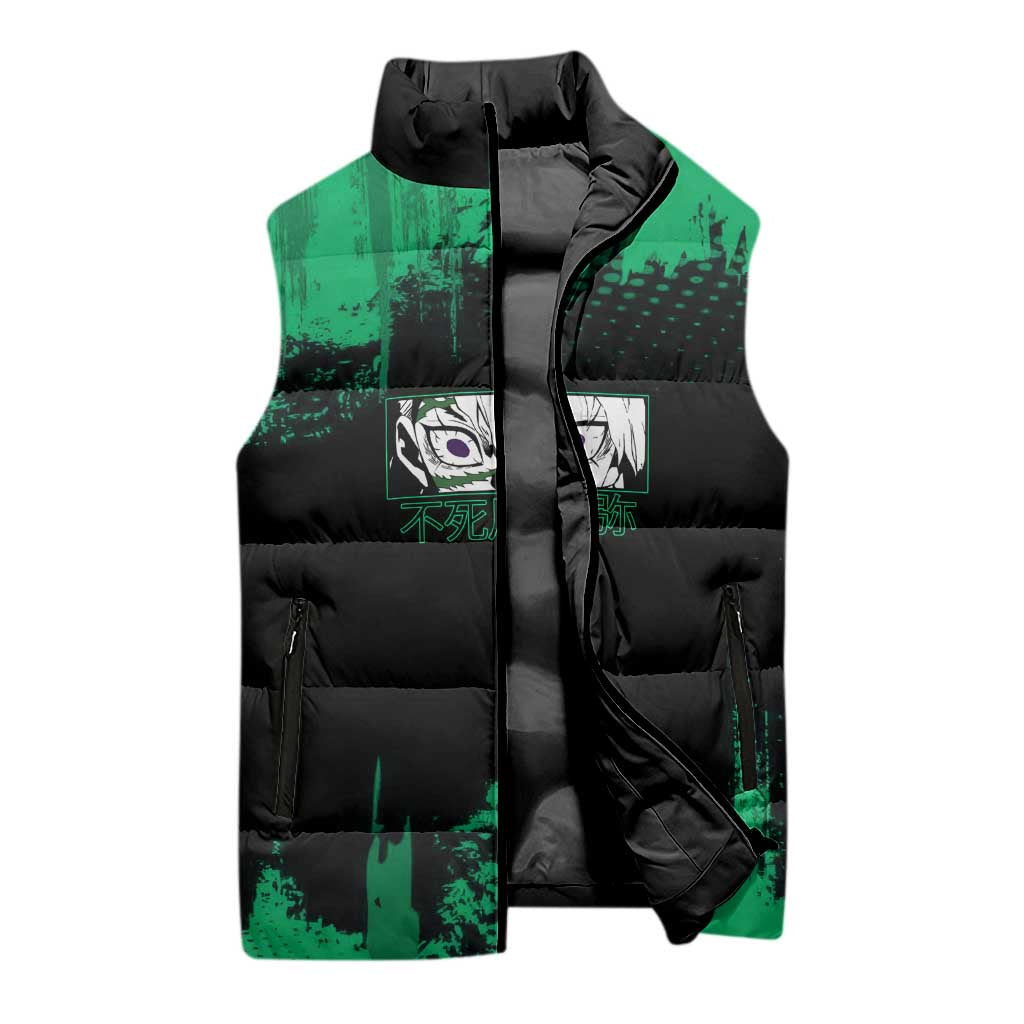 Sanemi Shinazugawa Demon Slayer Green and Black Grunge Sleeveless Puffer Jacket Design with Intense Eyes and Wind Hashira Theme - The Mazicc