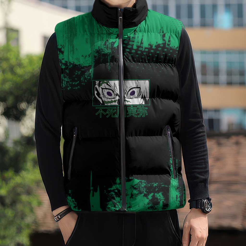 Sanemi Shinazugawa Demon Slayer Green and Black Grunge Sleeveless Puffer Jacket Design with Intense Eyes and Wind Hashira Theme - The Mazicc
