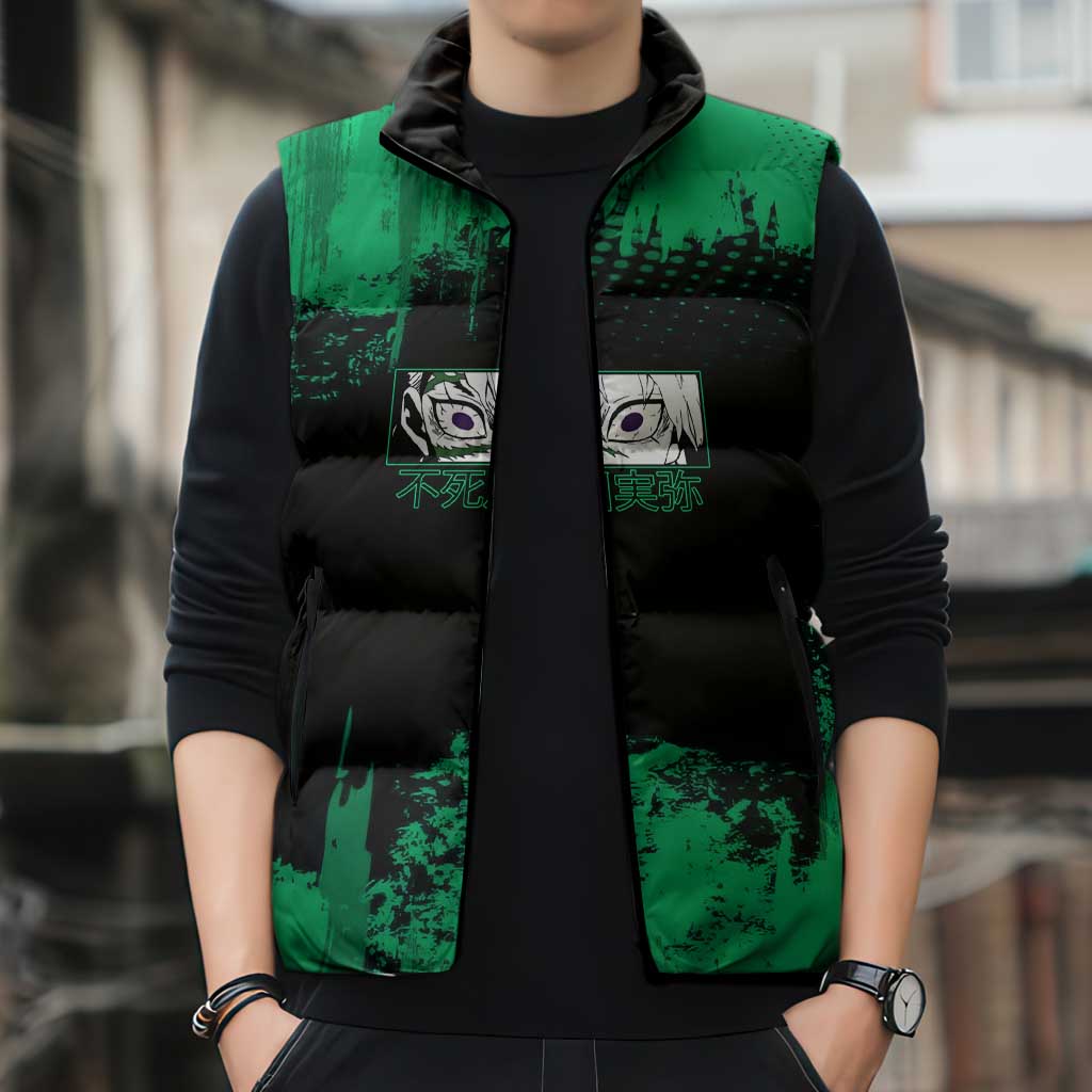 Sanemi Shinazugawa Demon Slayer Green and Black Grunge Sleeveless Puffer Jacket Design with Intense Eyes and Wind Hashira Theme - The Mazicc