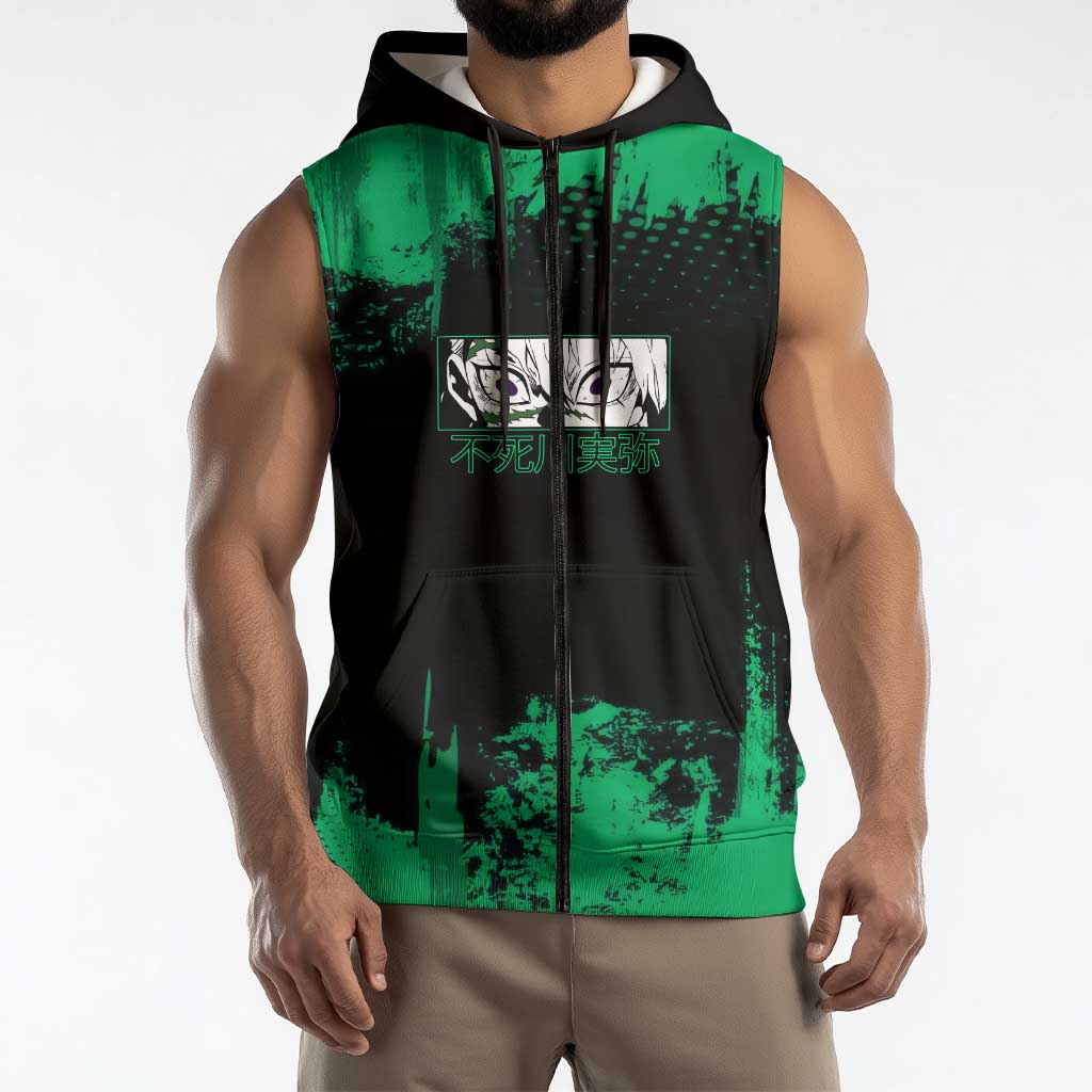 Sanemi Shinazugawa Demon Slayer Green and Black Grunge Sleeveless Zip Hoodie Design with Intense Eyes and Wind Hashira Theme - The Mazicc