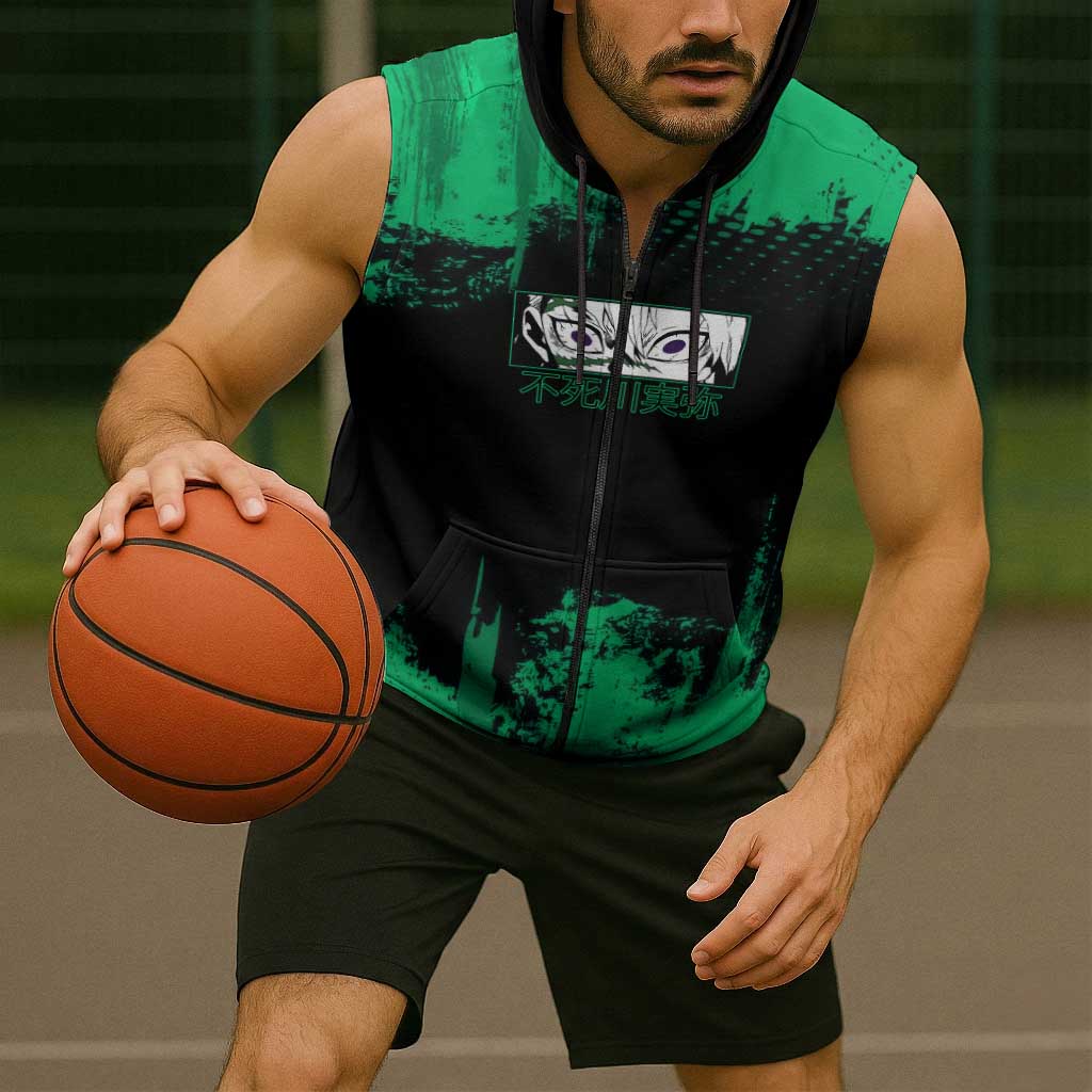 Sanemi Shinazugawa Demon Slayer Green and Black Grunge Sleeveless Zip Hoodie Design with Intense Eyes and Wind Hashira Theme - The Mazicc