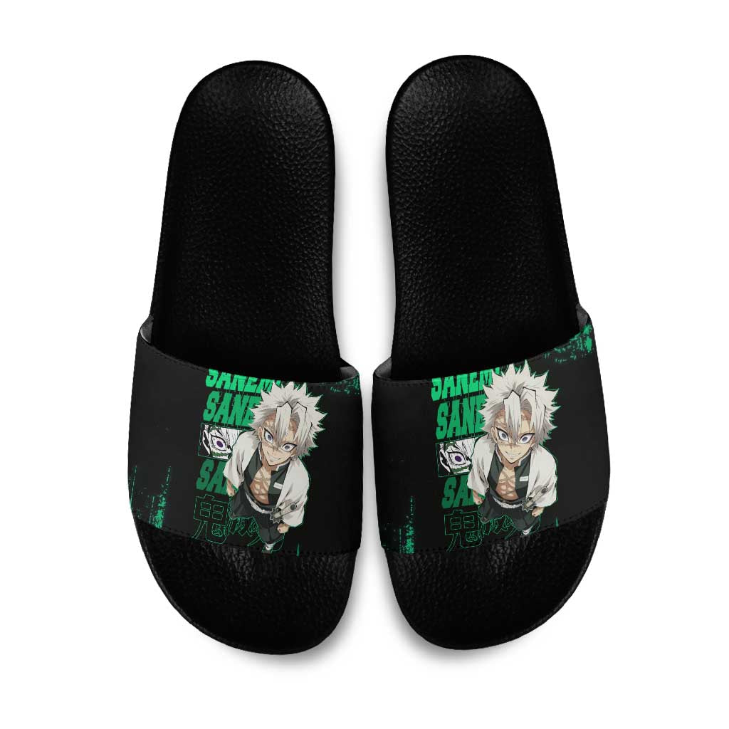 Sanemi Shinazugawa Demon Slayer Green and Black Grunge Slide Sandals Design with Intense Eyes and Wind Hashira Theme - The Mazicc