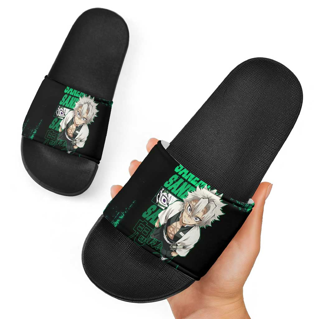 Sanemi Shinazugawa Demon Slayer Green and Black Grunge Slide Sandals Design with Intense Eyes and Wind Hashira Theme - The Mazicc