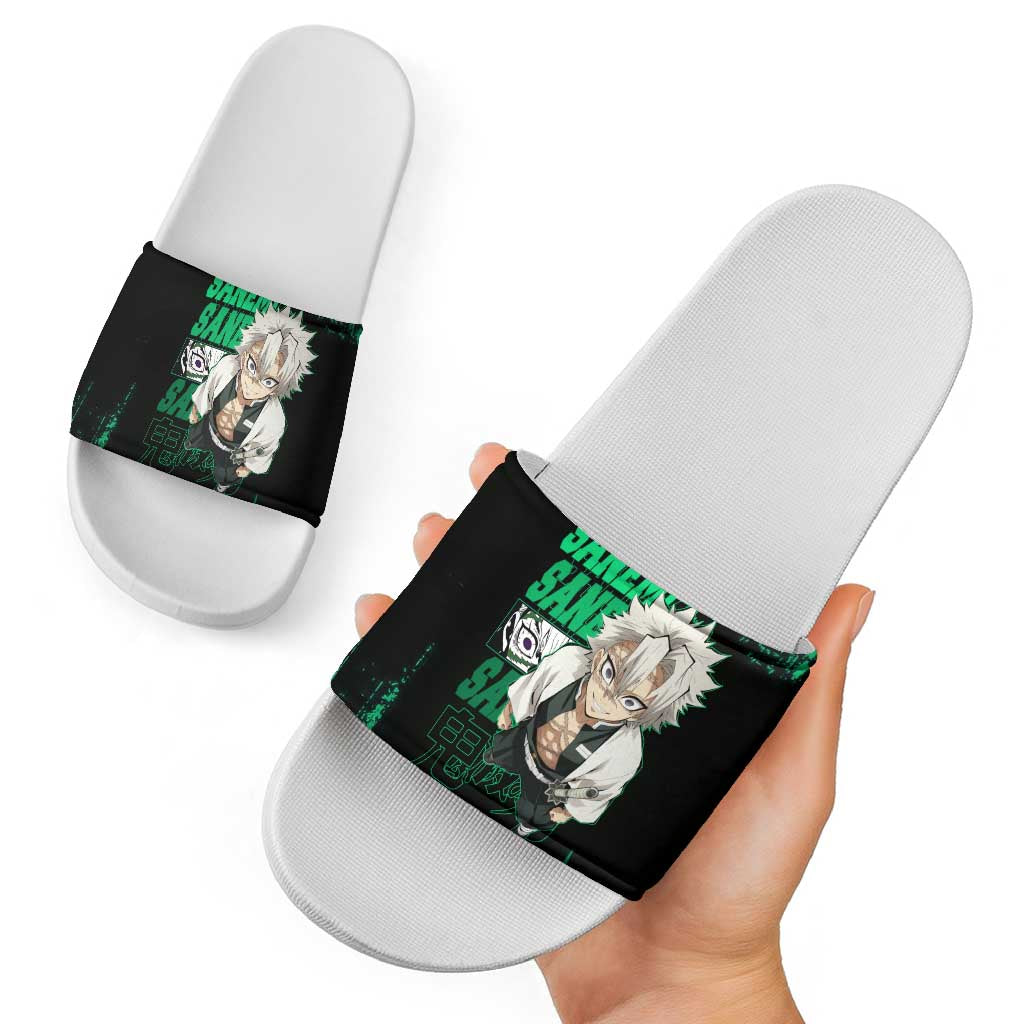 Sanemi Shinazugawa Demon Slayer Green and Black Grunge Slide Sandals Design with Intense Eyes and Wind Hashira Theme - The Mazicc