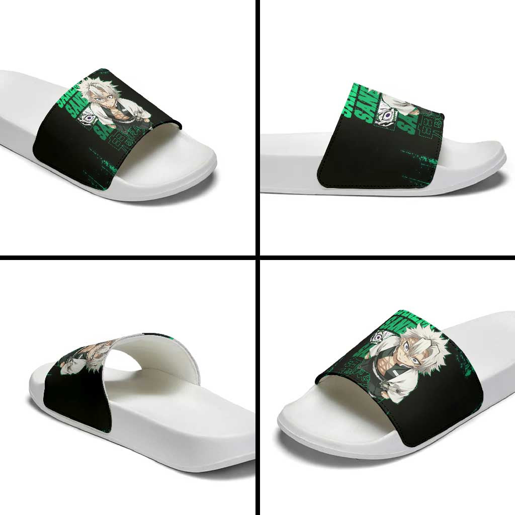 Sanemi Shinazugawa Demon Slayer Green and Black Grunge Slide Sandals Design with Intense Eyes and Wind Hashira Theme - The Mazicc