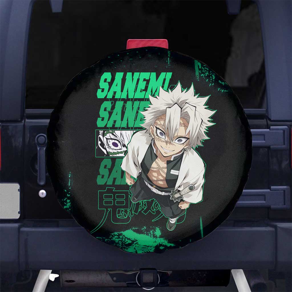 Sanemi Shinazugawa Demon Slayer Green and Black Grunge Spare Tire Cover Design with Intense Eyes and Wind Hashira Theme - The Mazicc