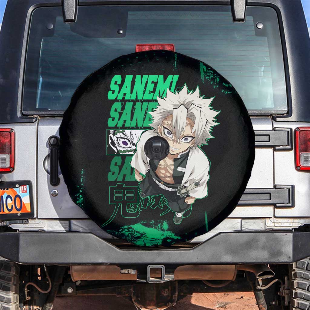 Sanemi Shinazugawa Demon Slayer Green and Black Grunge Spare Tire Cover Design with Intense Eyes and Wind Hashira Theme - The Mazicc