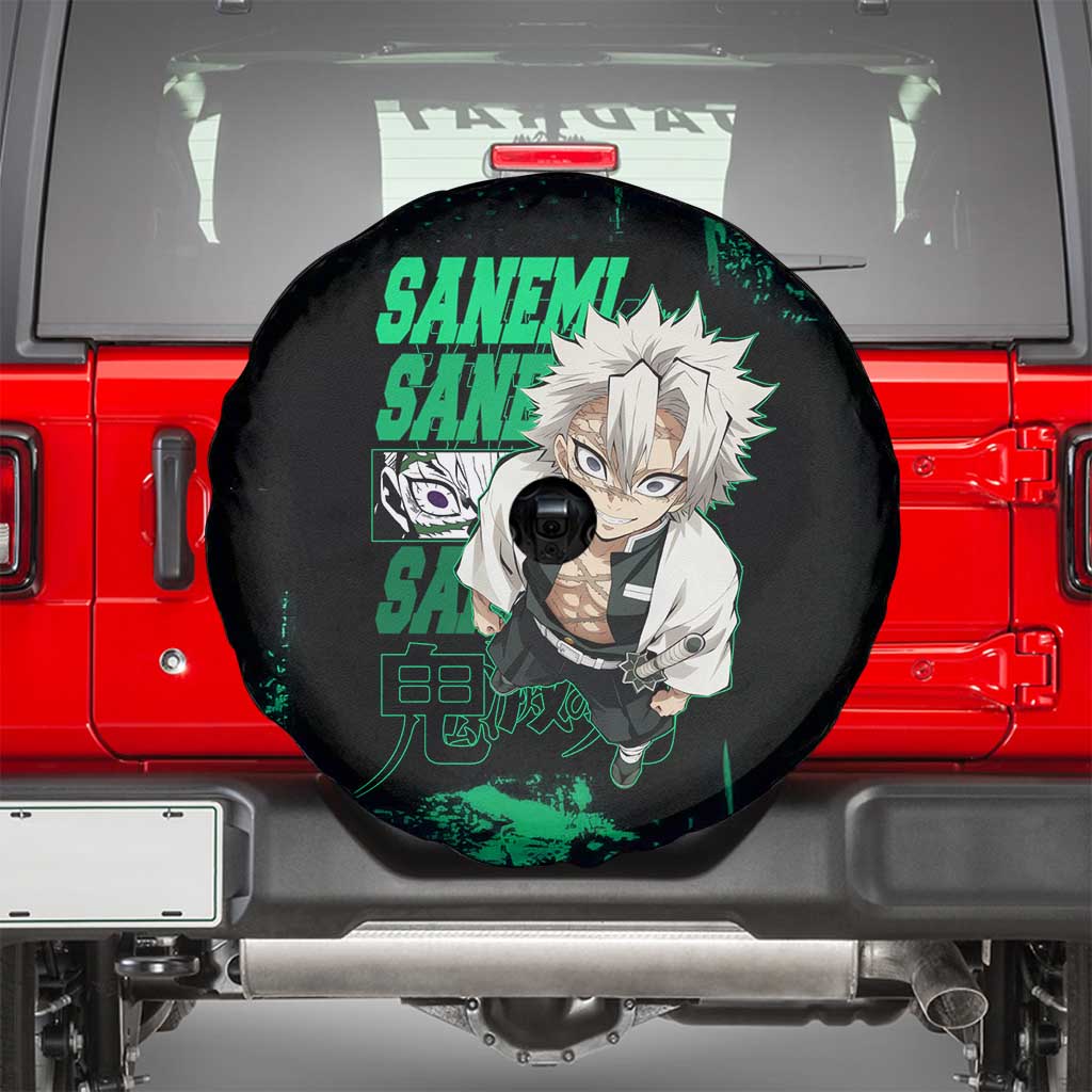 Sanemi Shinazugawa Demon Slayer Green and Black Grunge Spare Tire Cover Design with Intense Eyes and Wind Hashira Theme - The Mazicc