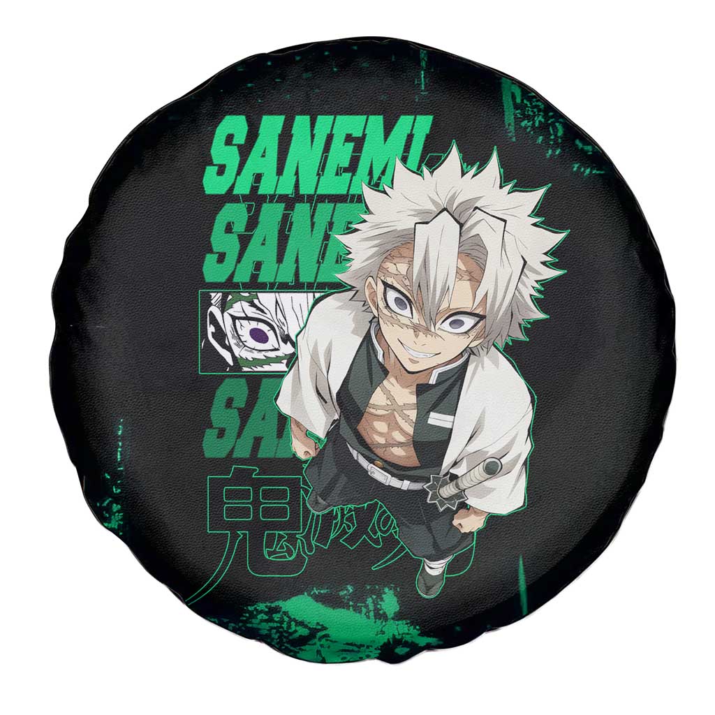 Sanemi Shinazugawa Demon Slayer Green and Black Grunge Spare Tire Cover Design with Intense Eyes and Wind Hashira Theme - The Mazicc