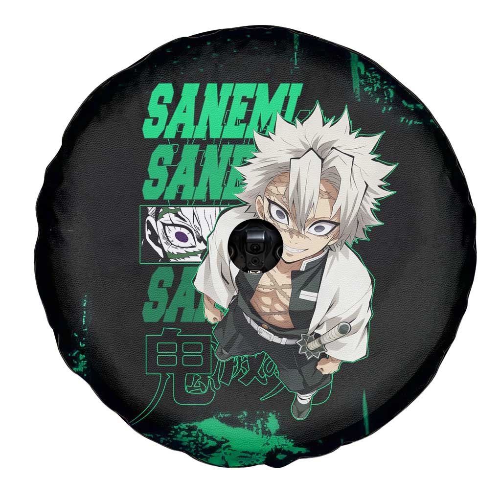 Sanemi Shinazugawa Demon Slayer Green and Black Grunge Spare Tire Cover Design with Intense Eyes and Wind Hashira Theme - The Mazicc