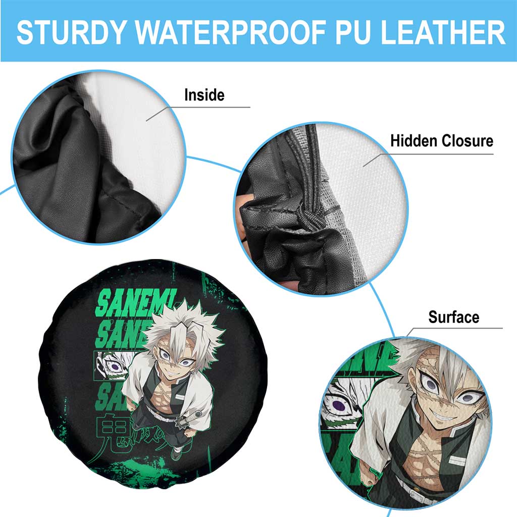 Sanemi Shinazugawa Demon Slayer Green and Black Grunge Spare Tire Cover Design with Intense Eyes and Wind Hashira Theme - The Mazicc