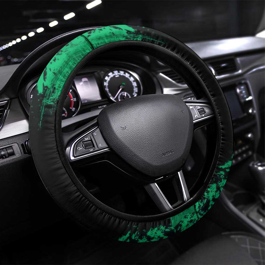 Sanemi Shinazugawa Demon Slayer Green and Black Grunge Steering Wheel Cover Design with Intense Eyes and Wind Hashira Theme - The Mazicc
