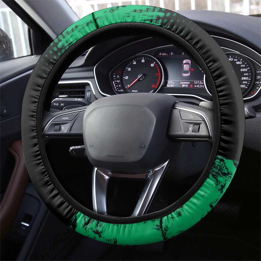 Sanemi Shinazugawa Demon Slayer Green and Black Grunge Steering Wheel Cover Design with Intense Eyes and Wind Hashira Theme - The Mazicc