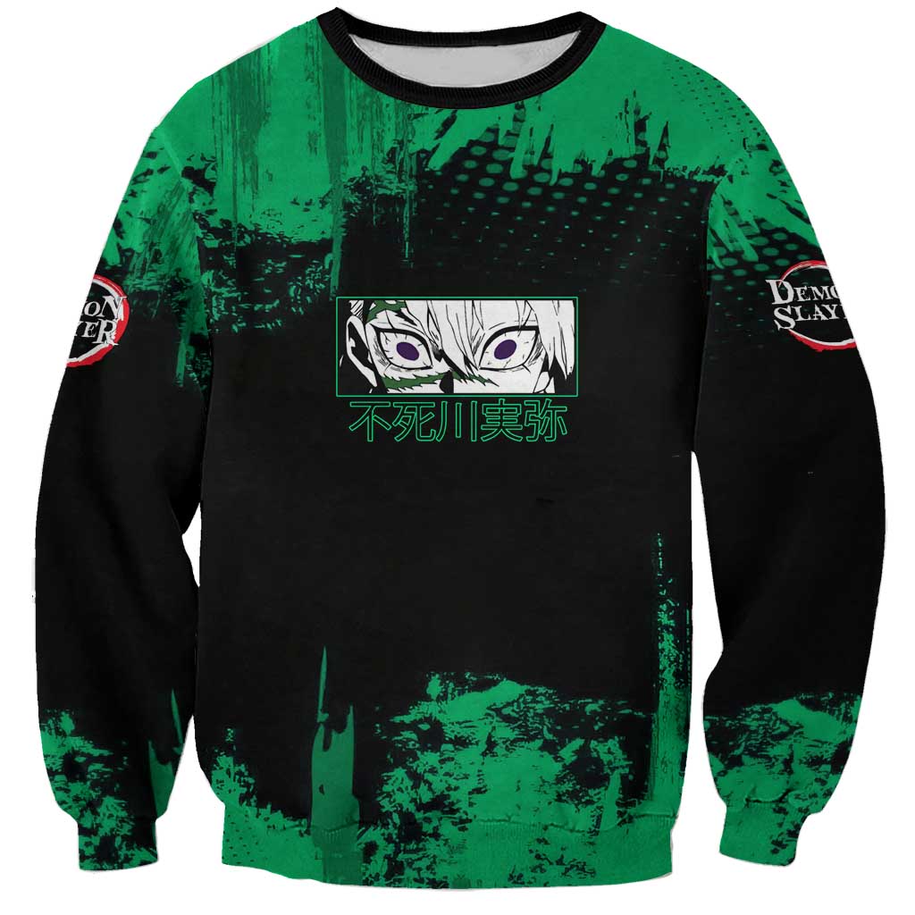 Sanemi Shinazugawa Demon Slayer Green and Black Grunge Sweatshirt Design with Intense Eyes and Wind Hashira Theme - The Mazicc