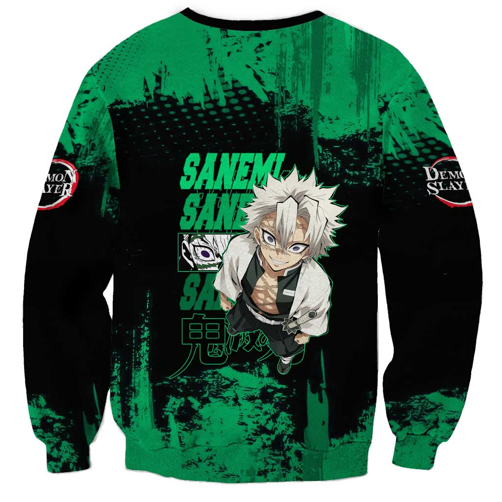 Sanemi Shinazugawa Demon Slayer Green and Black Grunge Sweatshirt Design with Intense Eyes and Wind Hashira Theme - The Mazicc