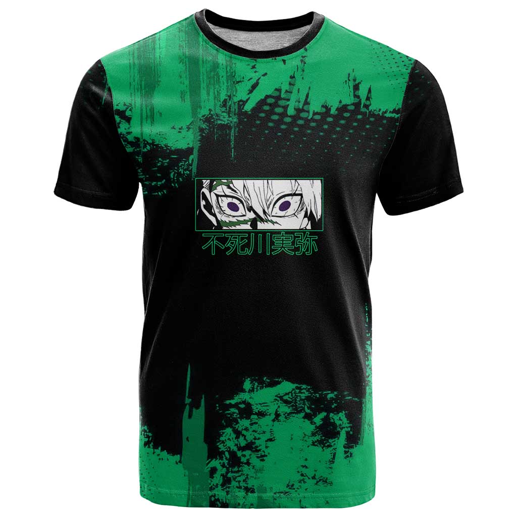 Sanemi Shinazugawa Demon Slayer Green and Black Grunge T Shirt Design with Intense Eyes and Wind Hashira Theme - The Mazicc