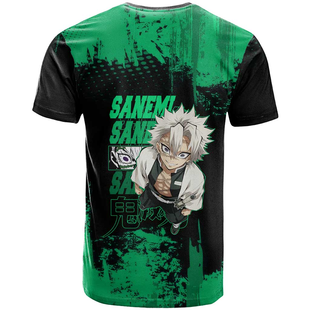 Sanemi Shinazugawa Demon Slayer Green and Black Grunge T Shirt Design with Intense Eyes and Wind Hashira Theme - The Mazicc