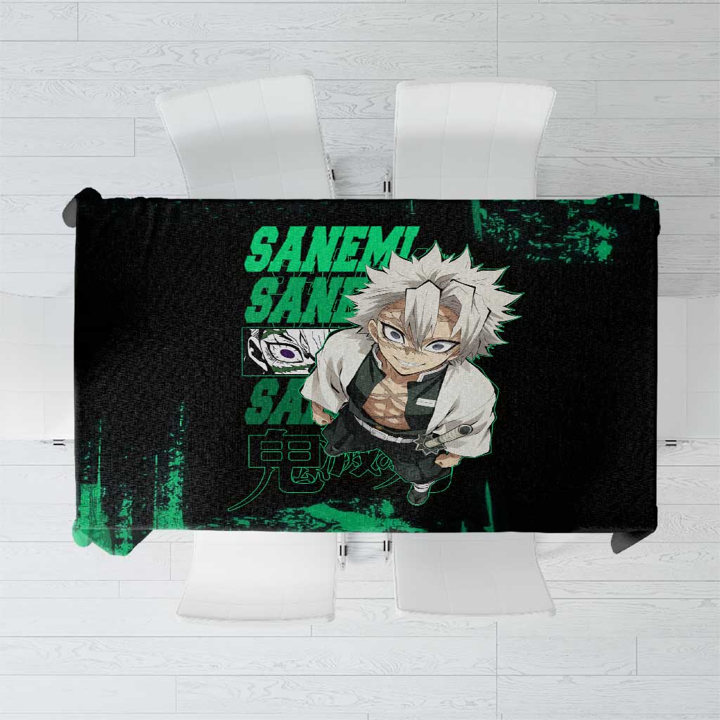 Sanemi Shinazugawa Demon Slayer Green and Black Grunge Tablecloth Design with Intense Eyes and Wind Hashira Theme - The Mazicc