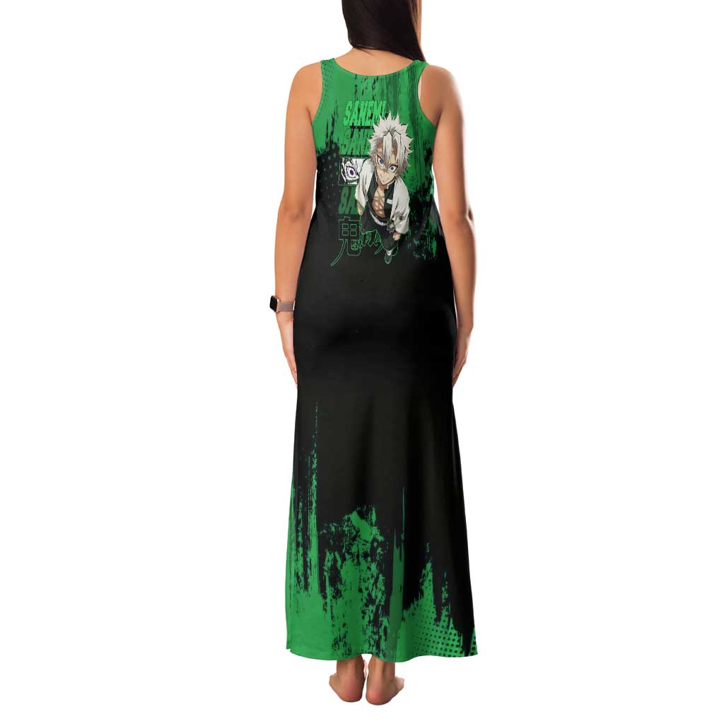 Sanemi Shinazugawa Demon Slayer Green and Black Grunge Tank Maxi Dress Design with Intense Eyes and Wind Hashira Theme - The Mazicc