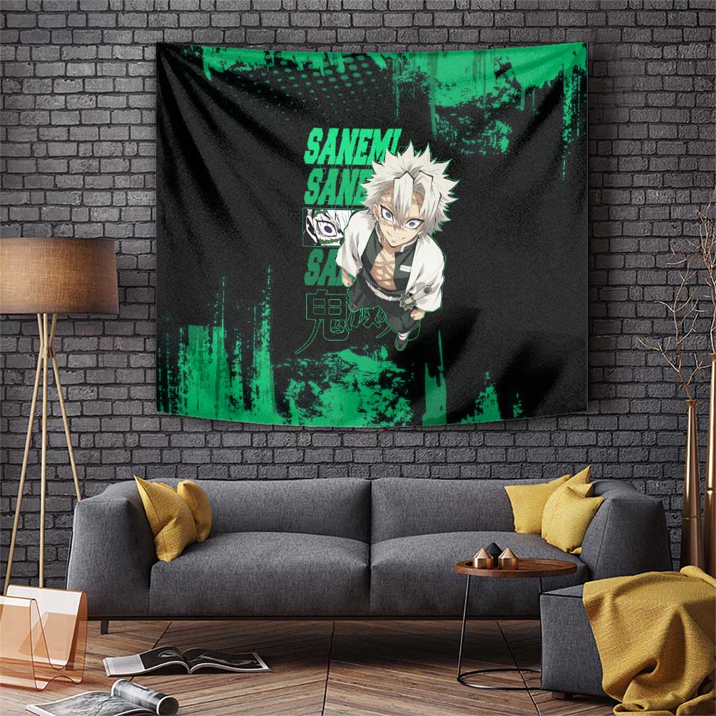 Sanemi Shinazugawa Demon Slayer Green and Black Grunge Tapestry Design with Intense Eyes and Wind Hashira Theme - The Mazicc