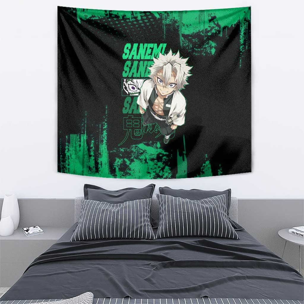 Sanemi Shinazugawa Demon Slayer Green and Black Grunge Tapestry Design with Intense Eyes and Wind Hashira Theme - The Mazicc