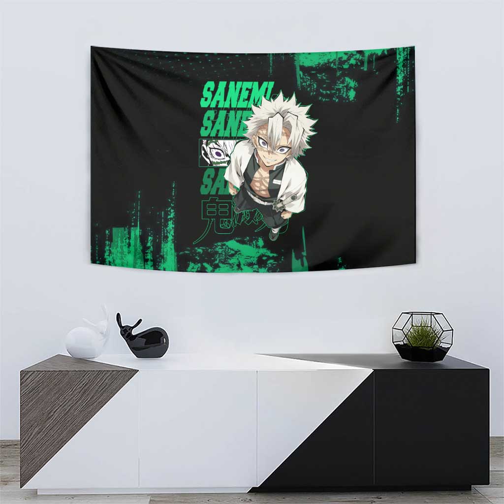 Sanemi Shinazugawa Demon Slayer Green and Black Grunge Tapestry Design with Intense Eyes and Wind Hashira Theme - The Mazicc