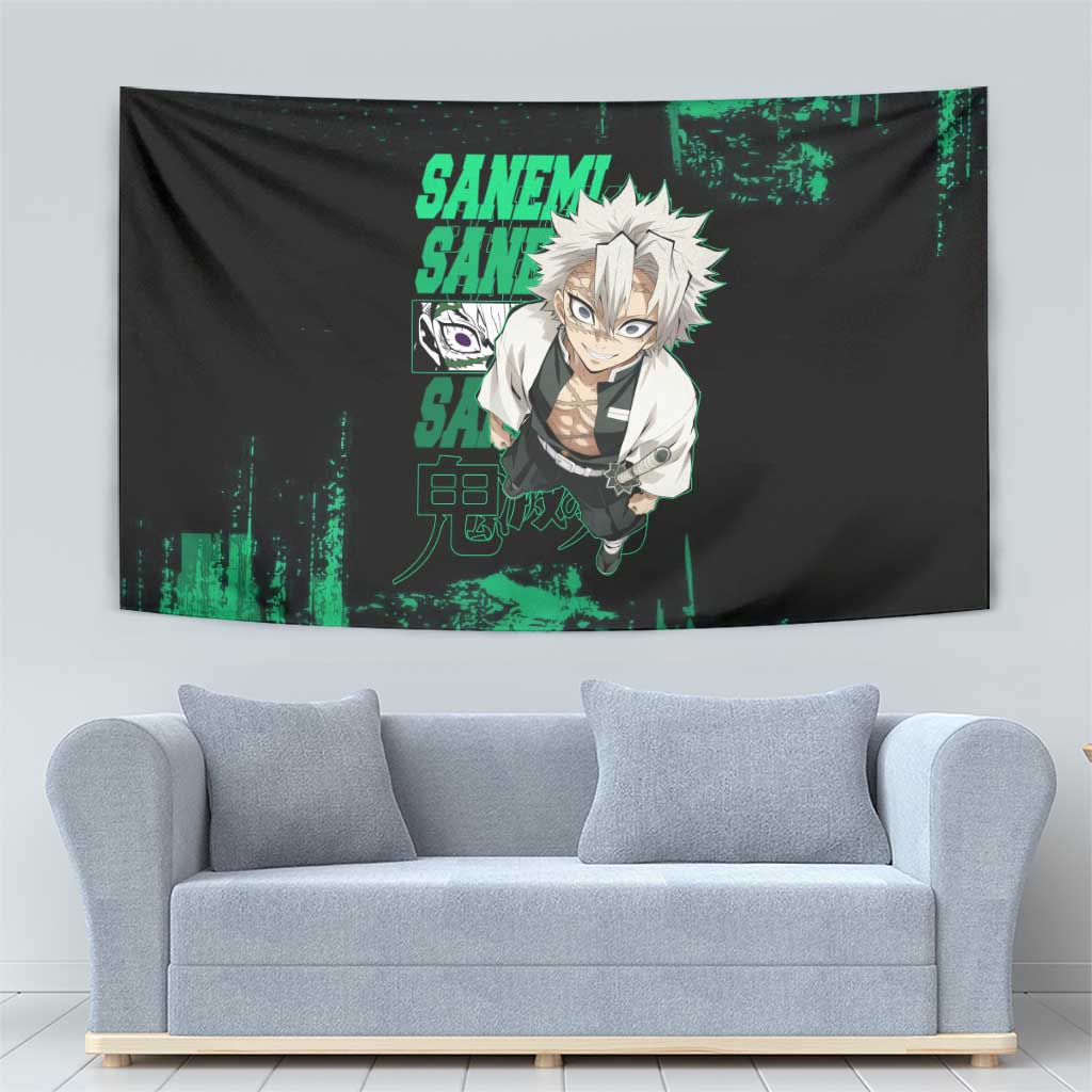 Sanemi Shinazugawa Demon Slayer Green and Black Grunge Tapestry Design with Intense Eyes and Wind Hashira Theme - The Mazicc