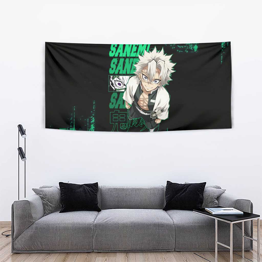 Sanemi Shinazugawa Demon Slayer Green and Black Grunge Tapestry Design with Intense Eyes and Wind Hashira Theme - The Mazicc