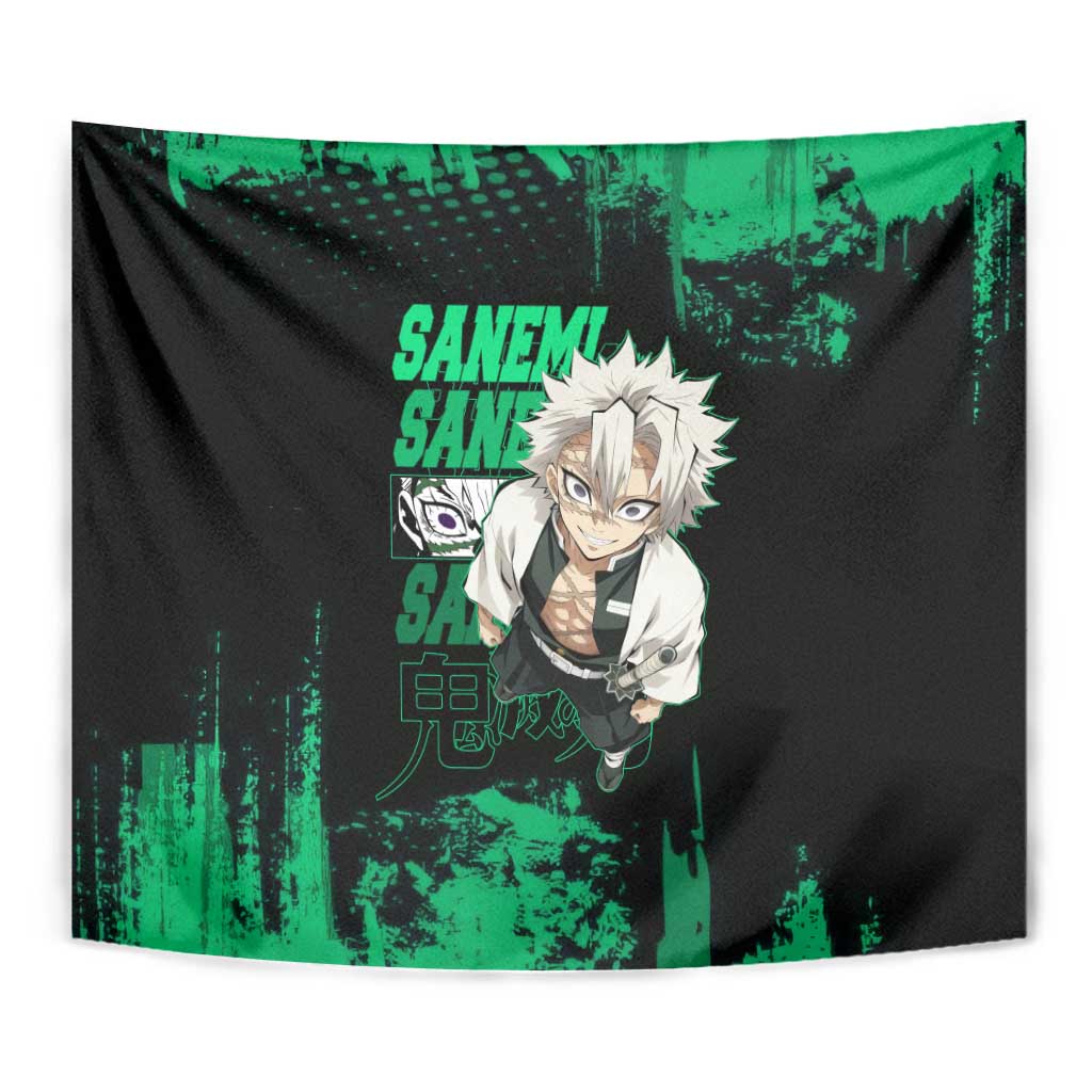 Sanemi Shinazugawa Demon Slayer Green and Black Grunge Tapestry Design with Intense Eyes and Wind Hashira Theme - The Mazicc