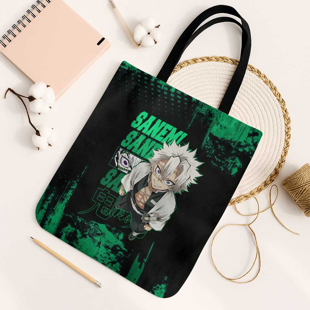 Sanemi Shinazugawa Demon Slayer Green and Black Grunge Tote Bag Design with Intense Eyes and Wind Hashira Theme - The Mazicc