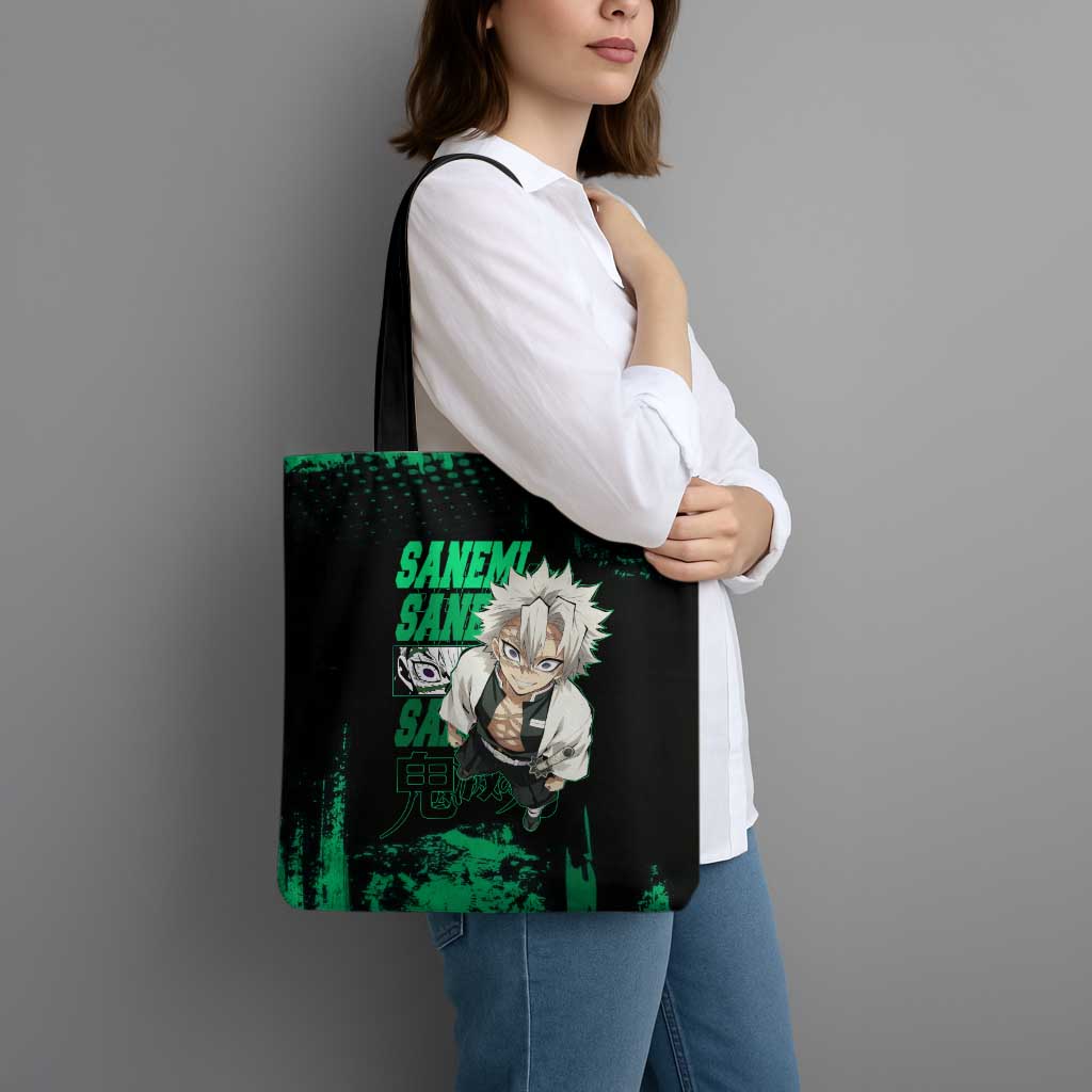 Sanemi Shinazugawa Demon Slayer Green and Black Grunge Tote Bag Design with Intense Eyes and Wind Hashira Theme - The Mazicc