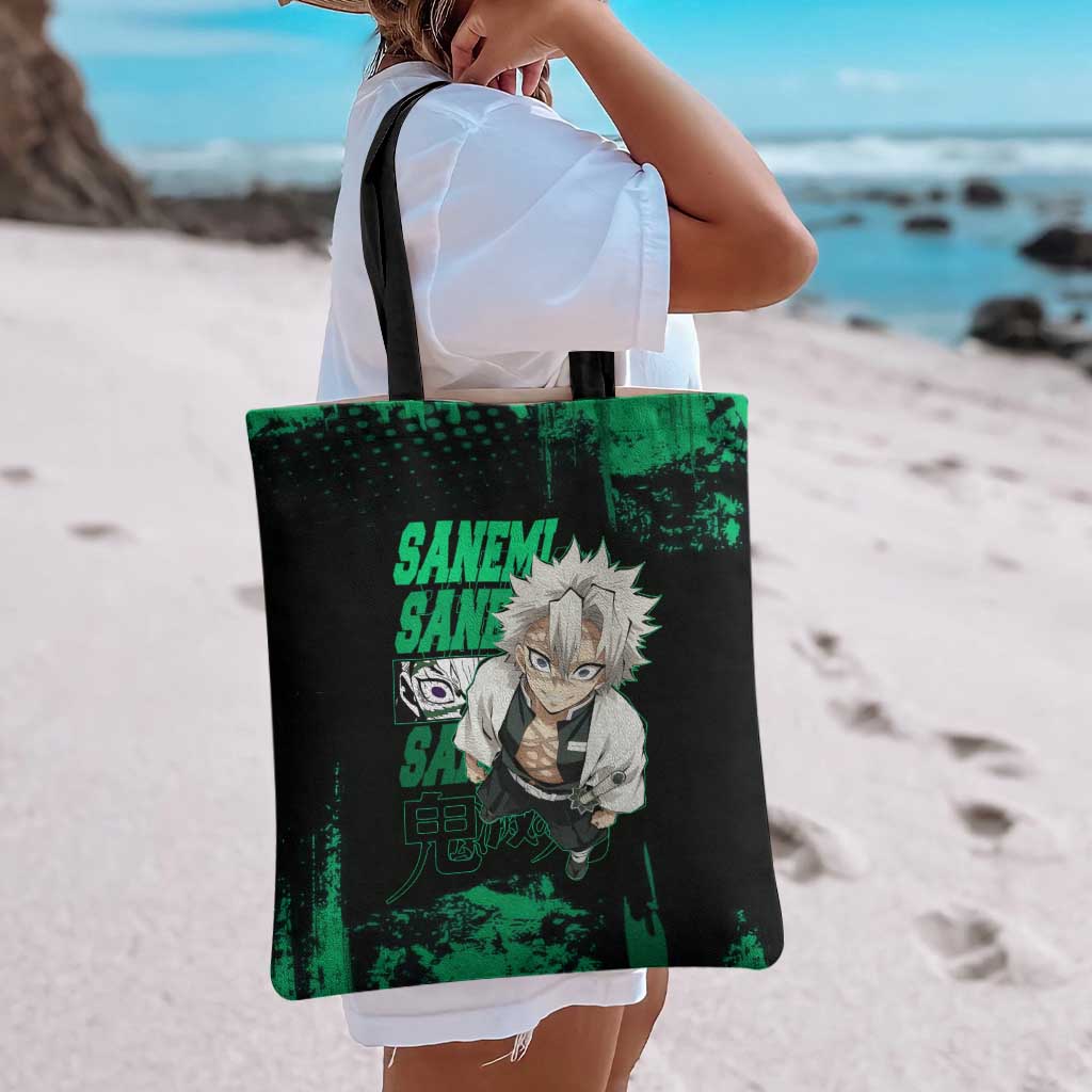 Sanemi Shinazugawa Demon Slayer Green and Black Grunge Tote Bag Design with Intense Eyes and Wind Hashira Theme - The Mazicc