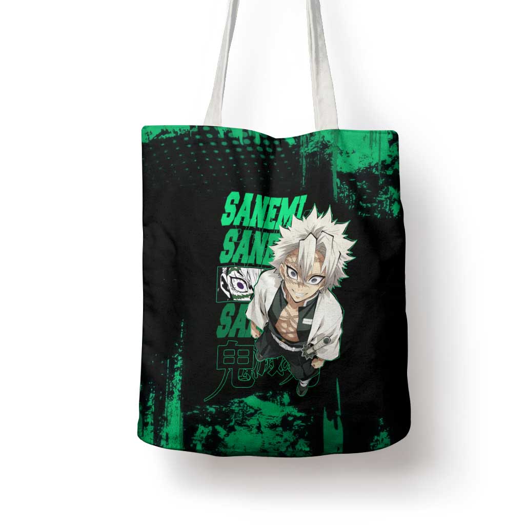 Sanemi Shinazugawa Demon Slayer Green and Black Grunge Tote Bag Design with Intense Eyes and Wind Hashira Theme - The Mazicc